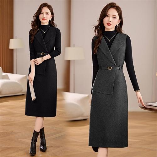 丁摩 毛呢背心两件套连衣裙女冬季气质感洋气显瘦长袖针织套装裙子5ZF-225 商品图1