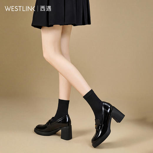 西遇粗高跟乐福鞋女2026春季新款英伦风复古小皮鞋圆头不累脚单鞋V0166271 商品图3