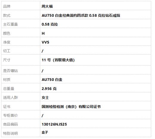 周大福AU750白金经典简约四爪款0.58克拉钻石戒指11号（皆取最大值）130126NJS25 商品图10