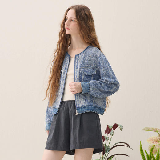 谜底针织开衫长袖2026年春季新品牛仔视觉感提花毛衣女261MZ0325 商品图1