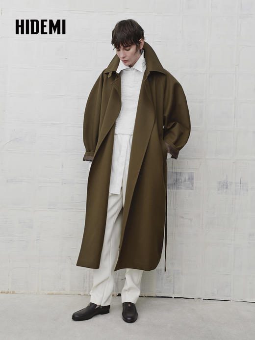 HIDEMI 设计感美丽奴羊毛镰刀袖松弛感大翻领长款风衣外套 商品图1