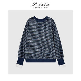 A008潘依绣丁丁宠粉设计感编织粗花呢拼接袖圆领长袖上衣Q18013