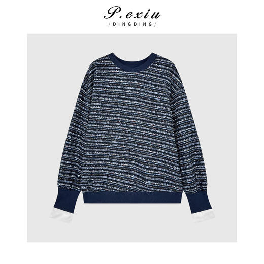 A008潘依绣丁丁宠粉设计感编织粗花呢拼接袖圆领长袖上衣Q18013 商品图0