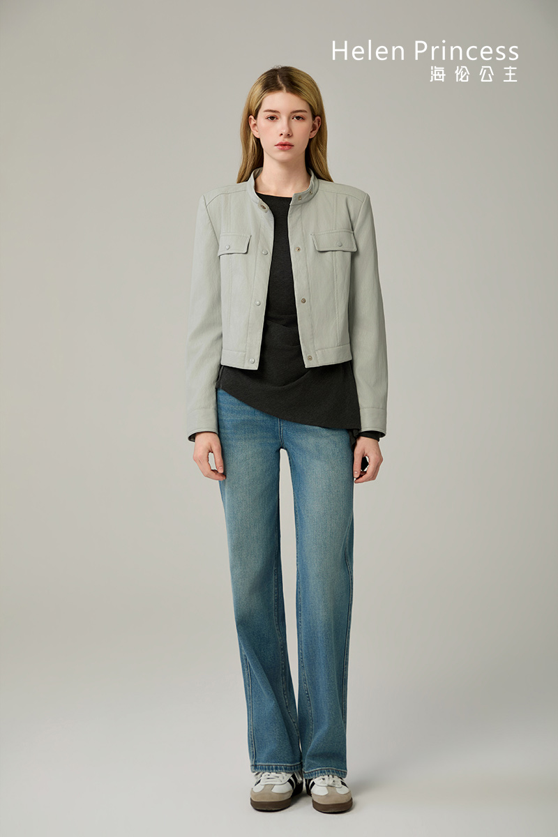 小立领正肩PU皮衣