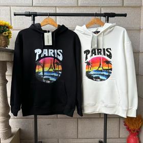 F020237铁塔落日椰树蝙蝠字母印花黑白加绒连帽卫衣