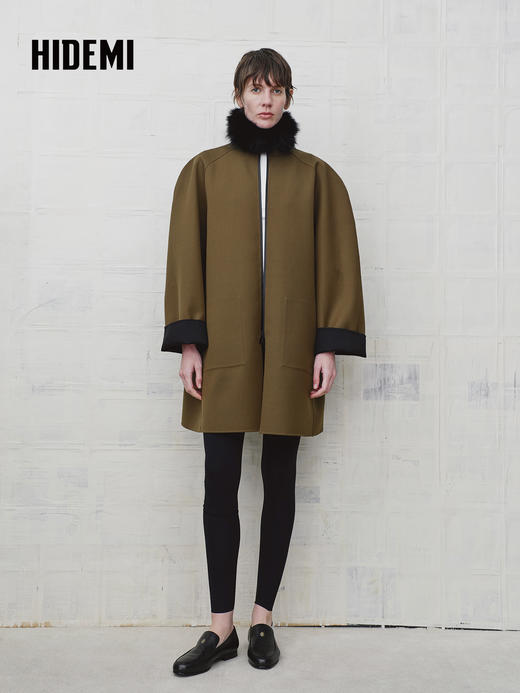 HIDEMI 设计感美丽奴羊毛简约立领双面穿双层复合中长款西装外套 商品图2