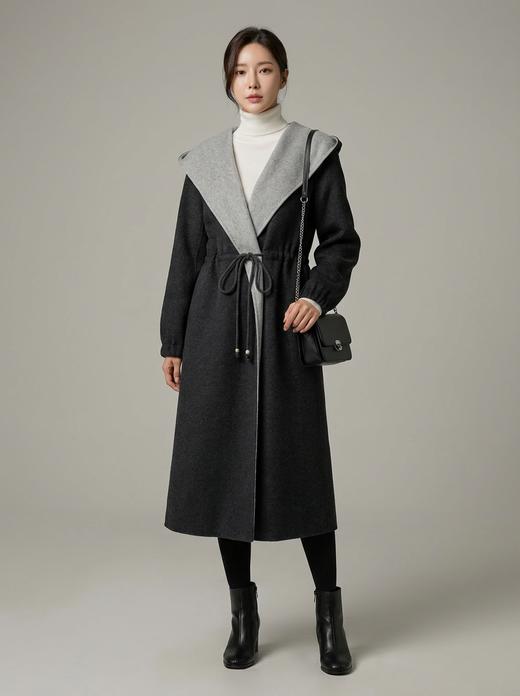 MM大帽腰抽绳装饰双色双面手工长款大衣 商品图0