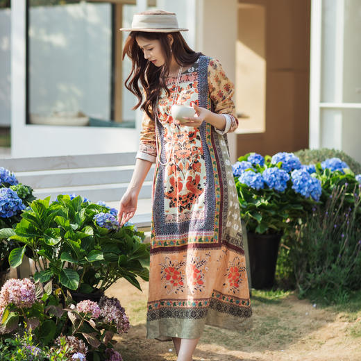 【林栖设计小店】古画复现|秋色印花复古优雅百搭2026春新款宽松连衣裙T1961381 商品图0