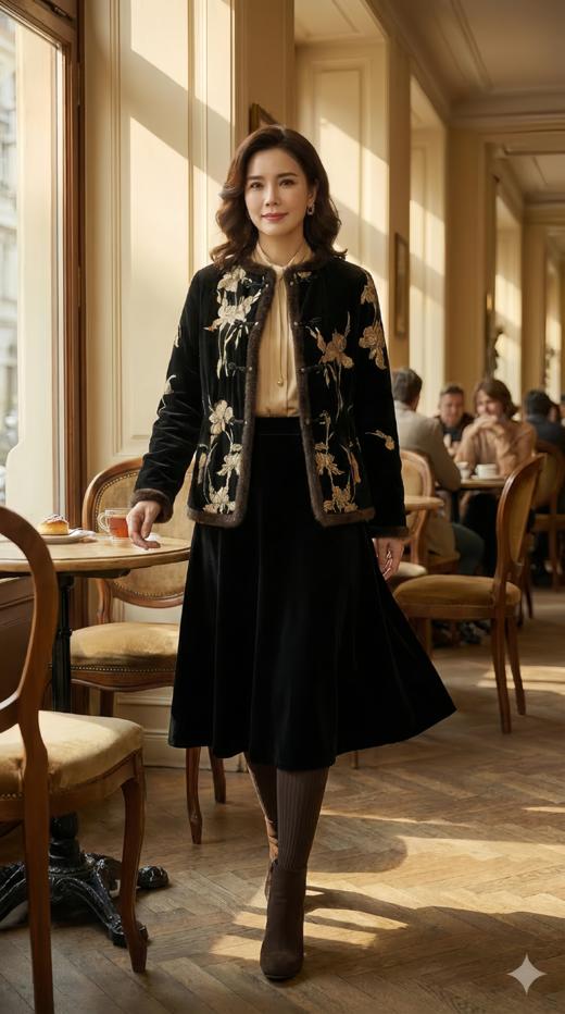 HN 改良复古国风花扣水貂毛拼接夹棉外套 商品图0