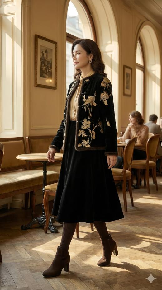 HN 改良复古国风花扣水貂毛拼接夹棉外套 商品图2