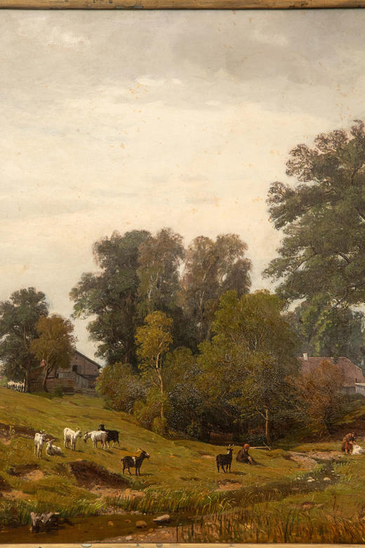 独角鹿西洋古董19世纪德国画家Fritz Daegling签名出品大型风景主题布面油画《人物与动物山水》 商品图5