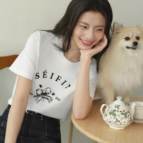 【严选】诗凡黎植绒印花正肩棉T恤2026春新款百搭宽松显瘦休闲内搭短袖女7H2200191