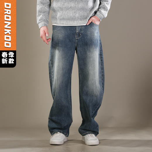 DRONKOO 2026 内蓝色抽绳金属夹标半松紧复古洗水中厚牛仔长裤 商品图0