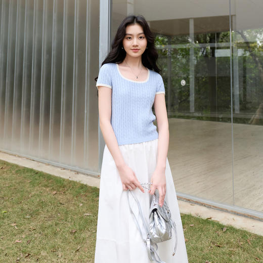 三彩2026春季新款绞花肌理圆领针织衫短袖毛衫短款套头上衣S 商品图3