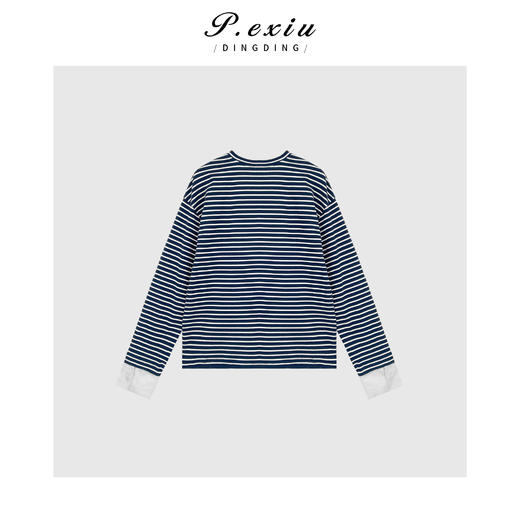04-1潘依绣丁丁宠粉100棉原创设计蓝白条撞色拼接袖圆领T恤 W-61922 商品图2