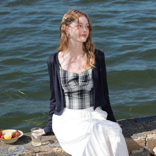 【莱赛尔】三彩2026春季新款开衫两件套长袖上衣格纹吊带套装M 商品图3