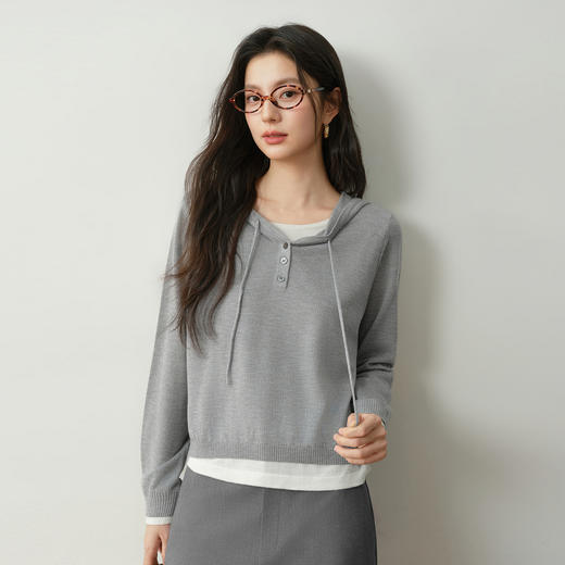 【严选】【松弛衫】诗凡黎假两件连帽针织衫2026春新款撞色肌理感长袖上衣7H2230741 商品图4