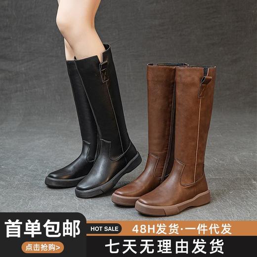复古真皮马丁靴子女不过膝显瘦骑士靴厚底加绒秋冬长靴百搭高筒靴 商品图0