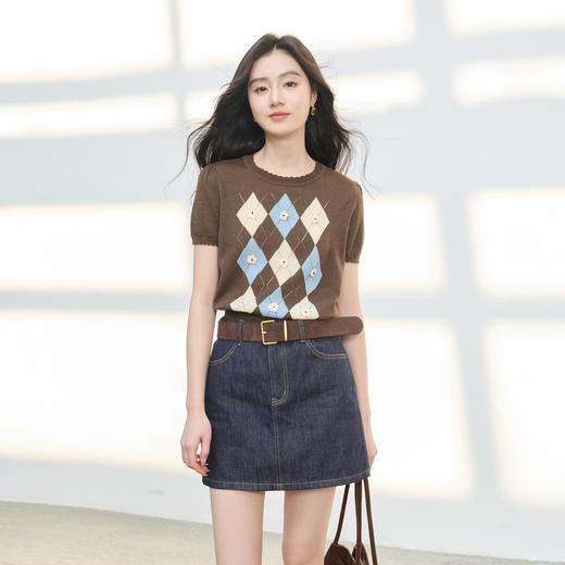 三彩2026春季新款立体花朵圆领短袖针织衫菱格纹毛衫短款套头M 商品图2