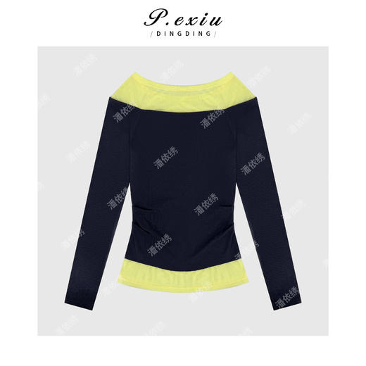 04-6潘依绣丁丁宠粉气质显瘦撞色拼接一字领长袖上衣Q6984 商品图1