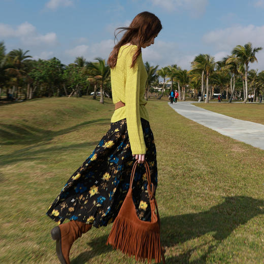 三彩2026春季新款复古压褶碎花裙高腰半身裙长裙大摆A字裙垂感M 商品图3