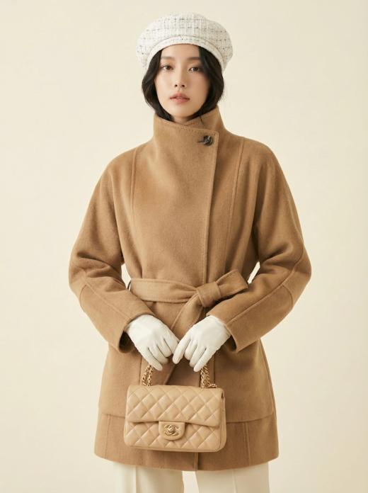 一粒扣立领简约珠边双面手工大衣（附腰带） 商品图6