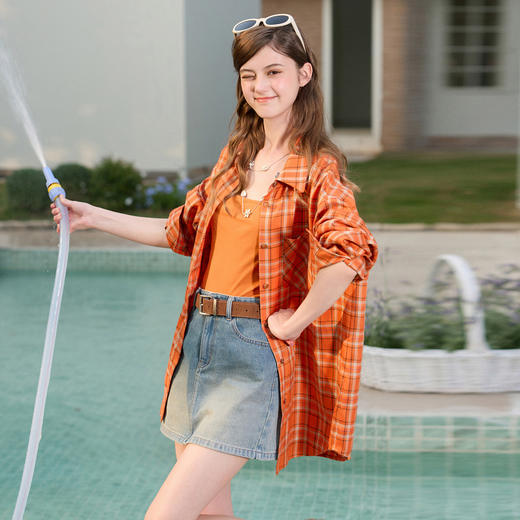 三彩独醒2026春季新款格纹衬衫口袋翻领宽松衬衣中长甜酷F 商品图1