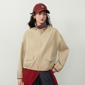 【严选】诗凡黎撞色立领天丝棉夹克外套2026春新款松紧下摆翻领工装风衣女7H2210171