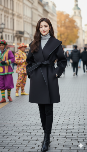 连帽撞色极简双面手工中长大衣