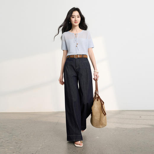 三彩2026春季新款休闲裤复古水洗牛仔裤宽松收腰阔腿裤长裤M 商品图3