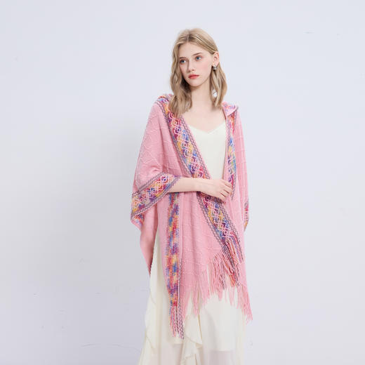 三彩2026新款民族风提花连帽外搭针织披肩流苏遮阳斗篷旅行出片 商品图4