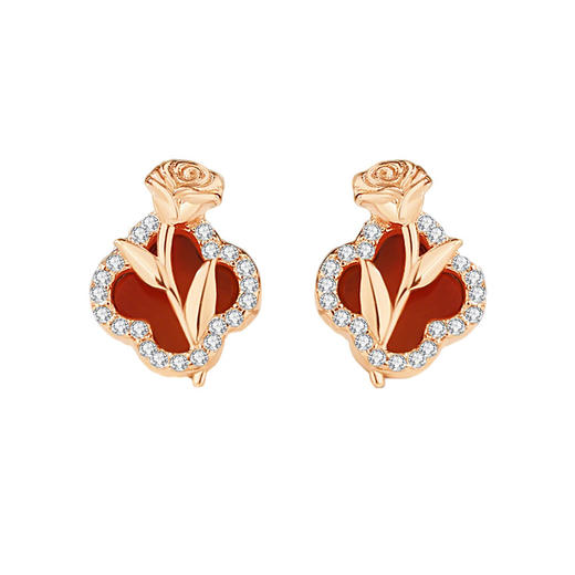 【幸运玫瑰】纯银四叶草玫瑰花红玛瑙耳钉【JHY-E001279M】 商品图4