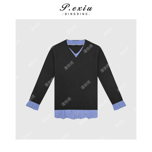 A008潘依绣丁丁宠粉PanYiXiu/潘依绣羊-毛天丝假两件格子拼接针织毛衣 D399 商品图1