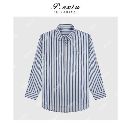 04-2潘依绣丁丁宠粉100%棉设计感拉链半开领竖条纹长袖衬衫WH00390 商品图1