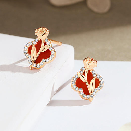 【幸运玫瑰】纯银四叶草玫瑰花红玛瑙耳钉【JHY-E001279M】 商品图1