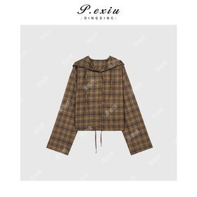 04-6潘依绣丁丁宠粉韩系简约格子下摆抽绳连帽衬衣 W-62522