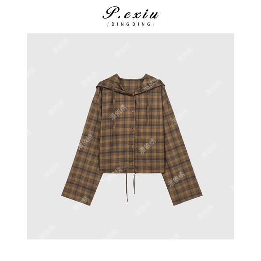 04-6潘依绣丁丁宠粉韩系简约格子下摆抽绳连帽衬衣 W-62522 商品图0