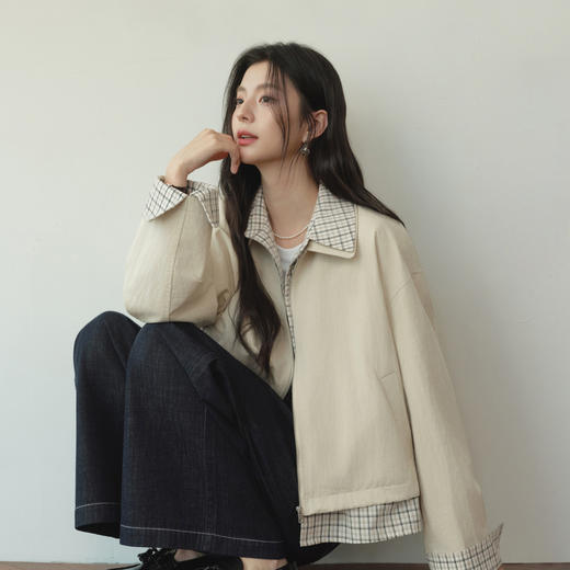 【严选】诗凡黎浅卡其格纹拼接短款风衣2026春新款微宽松简约休闲百搭外套7H2260161 商品图2