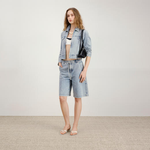 lost in echo2026年春夏新款不对称工装牛仔短外套抽绳中裤套装女 商品图0