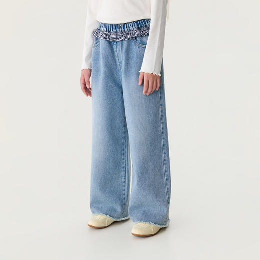 马克珍妮格纹花边女童纯棉牛仔阔腿裤2026年春装新款560205 商品图1