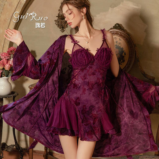 【YW】无忧购网纱植绒拼接性感收腰绑带蝴蝶印花可拆胸垫睡裙家居套装6038（截单后3-5天发货) 商品图1