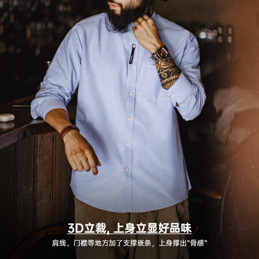 马登工装美式牛津布长袖衬衫小高领立领牛津纺纯棉衬衣外套男款春 商品图3