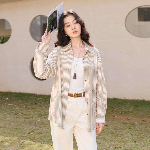 三彩2026春季新款翻领条纹衬衣宽松中长衬衫小衫气质上衣通勤S 商品图2