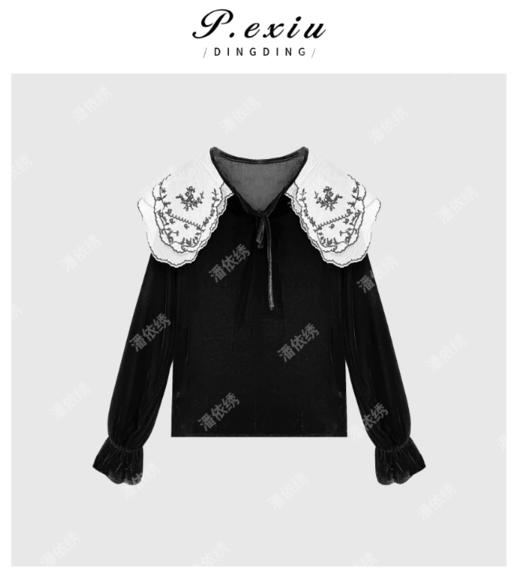 A008潘依绣丁丁宠粉法式设计感刺绣娃娃领丝绒长袖上衣 Q3102 商品图0