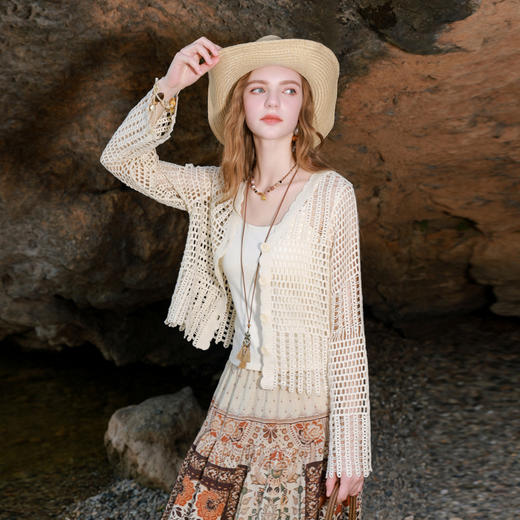 【100棉】三彩2026春季新款V领镂空罩衫针织衫宽松波西米亚开衫M 商品图3