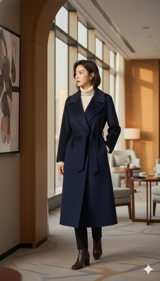 袖口翻折简约双面手工大衣（附腰带） 商品图1