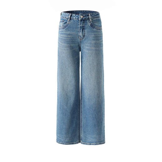 「高货wl」全新升级【铂金会员293/天猫389/差价96】(05559)洛诗琳满天星烫钻磨白牛仔裤2026春季新款宽松阔腿牛仔裤 商品图4