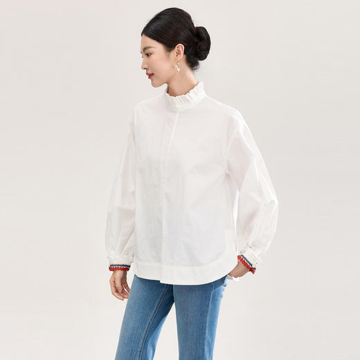 「高货wl」全新升级【铂金会员247/天猫329/差价82】(05343)洛诗琳小清新减龄款衬衫2026春季新款木耳花边拼撞色袖口长袖上衣 商品图0