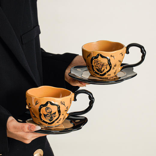 【节日好礼❗️颜值实用兼备】陶瓷咖啡杯碟套装中古摩卡棕撞色拉花杯拿铁下午茶杯子喝水早餐杯。jd 商品图2