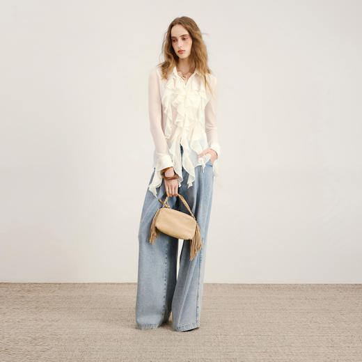 lost in echo2026年春夏新款时髦休闲宽松扣袢叠褶阔腿牛仔长裤女 商品图0